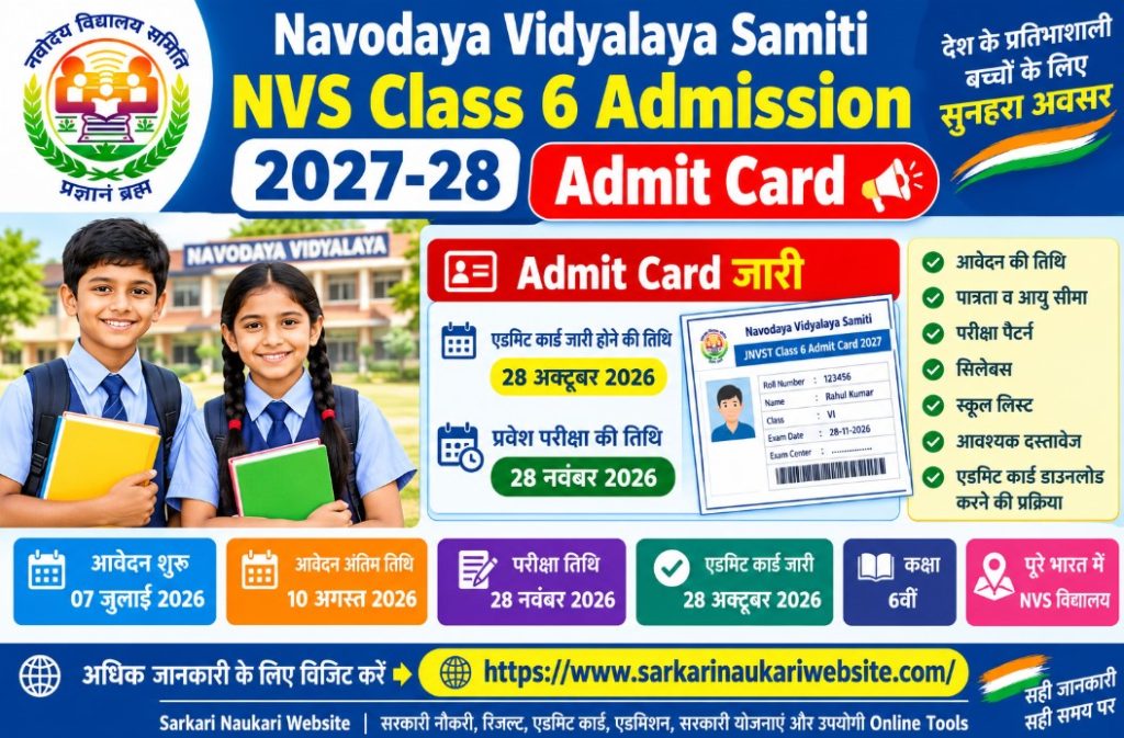 Navodaya Vidyalaya Samiti NVS Class 6 Admission 2027-28 Admit Card