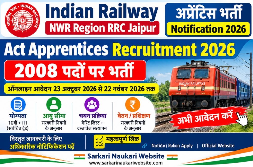 Railway NWR Apprentice Recruitment 2026 Apply Online for 2008 Posts